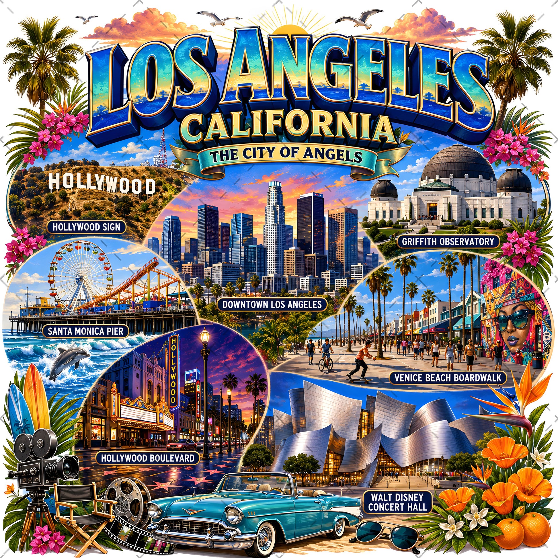 Los Angeles California Travel Collage Digital Art Print | Vibrant LA Landmark & Attraction Wall Decor | Instant Download, la souvenir, la travel poster, attraction print, PNG, digital download, high resolution