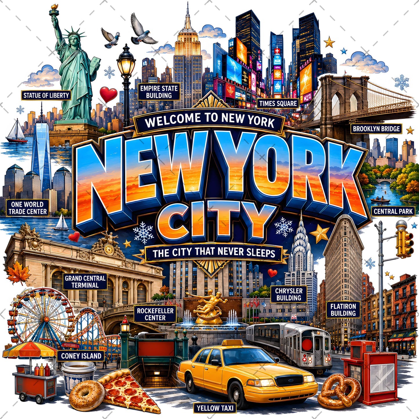 Vibrant New York City Illustration Digital Download - NYC Landmark Art Print for Commercial Use, nyc illustration, brooklyn bridge, iconic landmarks, PNG, digital download, high resolution