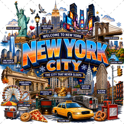 Vibrant New York City Illustration Digital Download - NYC Landmark Art Print for Commercial Use, nyc illustration, brooklyn bridge, iconic landmarks, PNG, digital download, high resolution