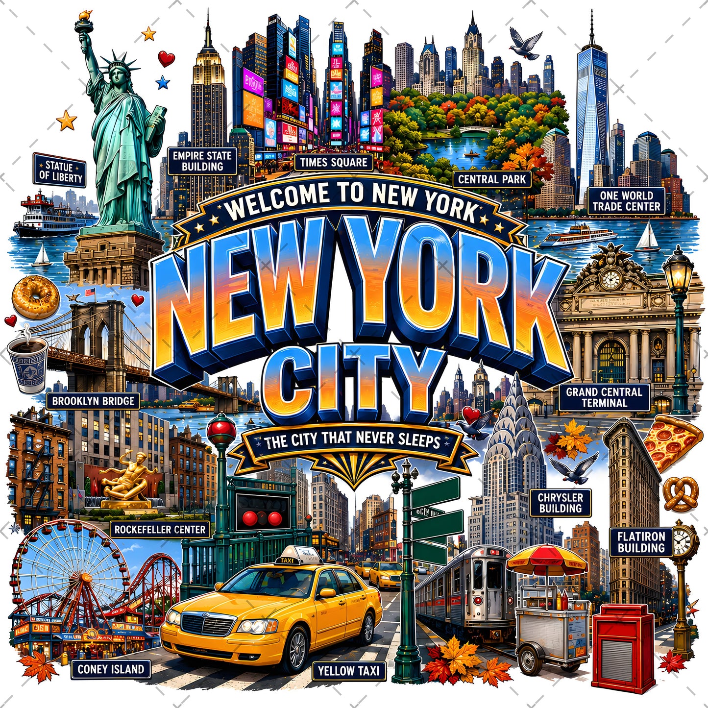 Vibrant New York City Illustration Digital Download - NYC Landmark Art Print for Commercial Use, brooklyn bridge, iconic landmarks, urban culture, PNG, digital download, high resolution