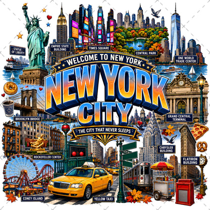 Vibrant New York City Illustration Digital Download - NYC Landmark Art Print for Commercial Use, brooklyn bridge, iconic landmarks, urban culture, PNG, digital download, high resolution