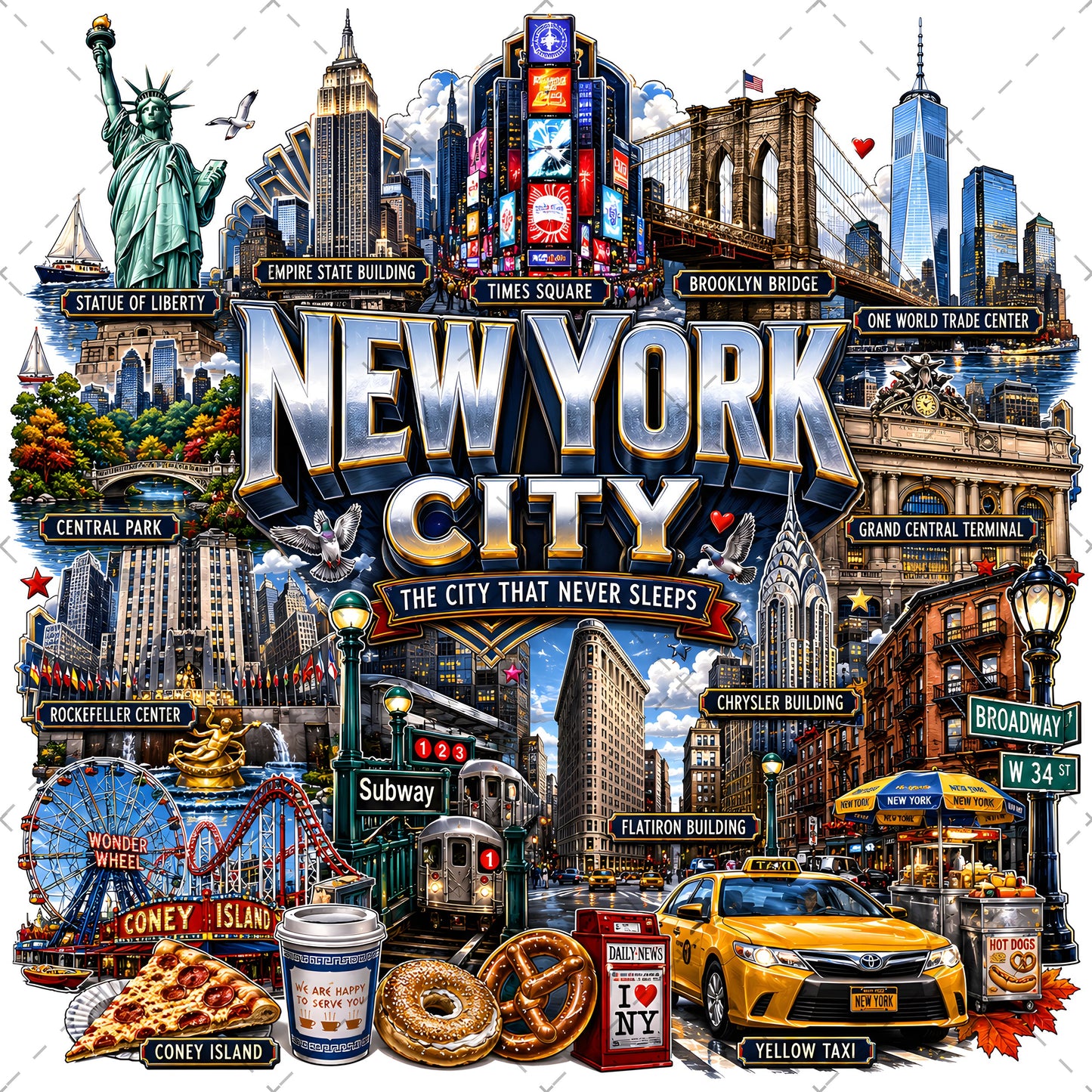 Vibrant New York City Illustration Digital Download - NYC Landmark Art Print for Commercial Use, brooklyn bridge art, new york taxi, nyc subway, PNG, digital download, high resolution
