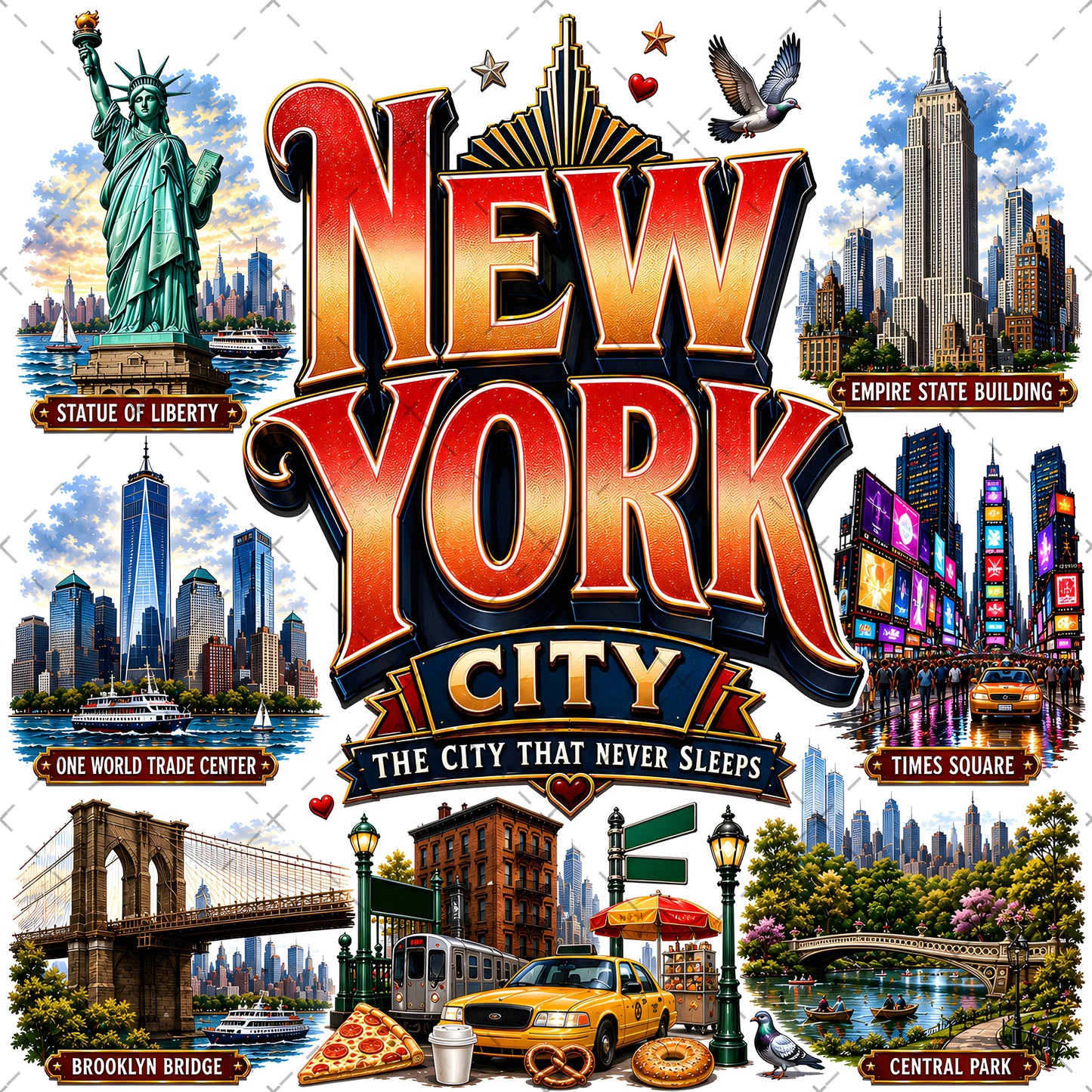 Vibrant New York City Illustration Digital Download - NYC Landmark Art Print for Commercial Use, new york food art, travel poster, times square art, PNG, digital download, high resolution