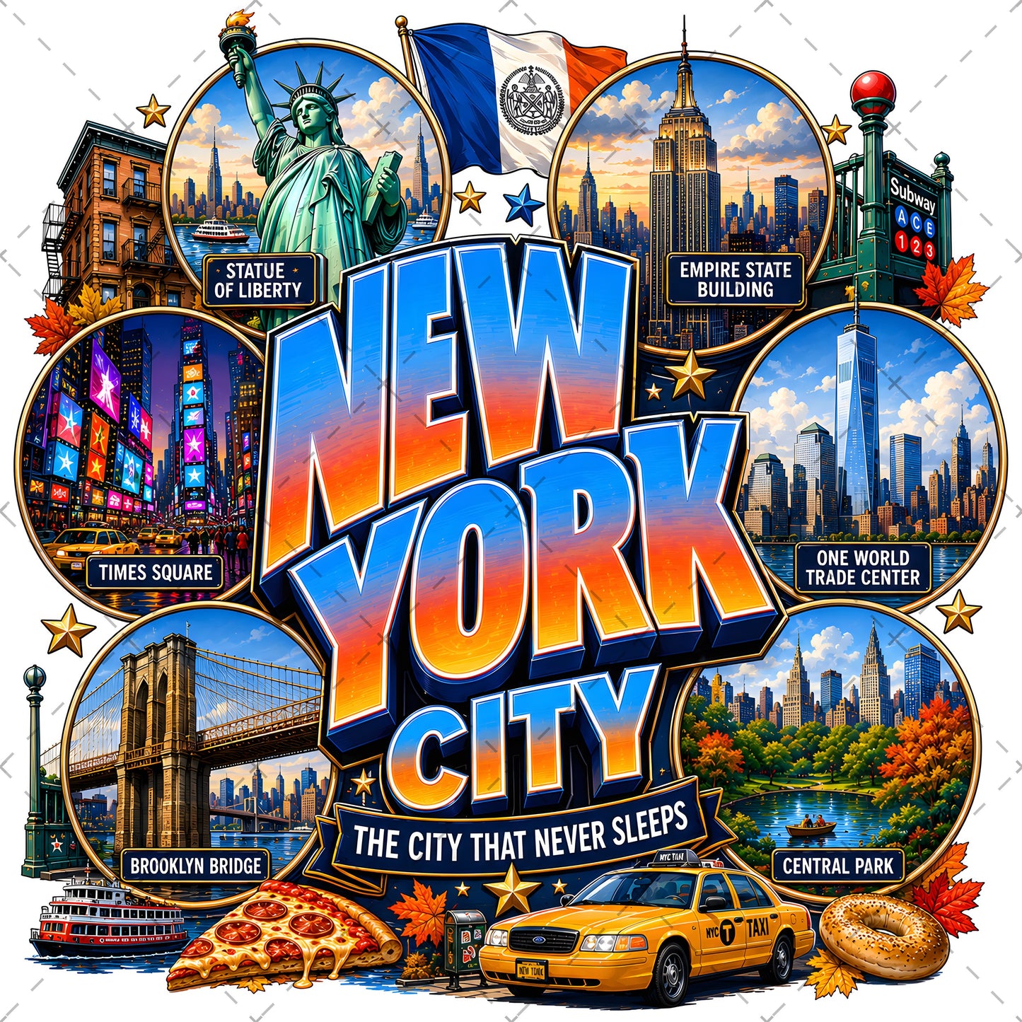 Vibrant New York City Illustration Digital Download - NYC Landmark Art Print for Commercial Use, nyc illustration, brooklyn bridge, iconic landmarks, PNG, digital download, high resolution