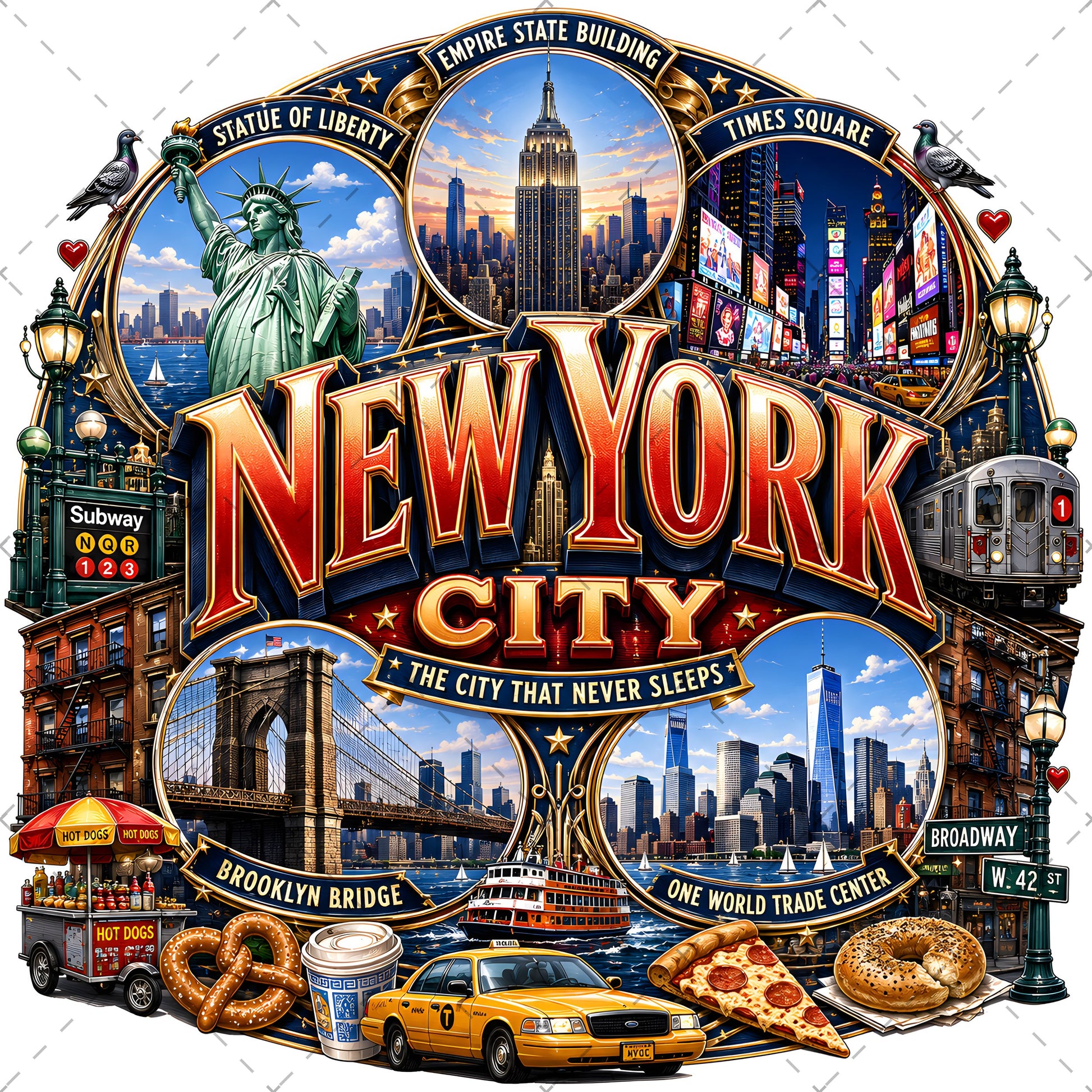 Vibrant New York City Illustration Digital Download - NYC Landmark Art Print for Commercial Use, urban culture, etsy seller art, landmark artwork, PNG, digital download, high resolution