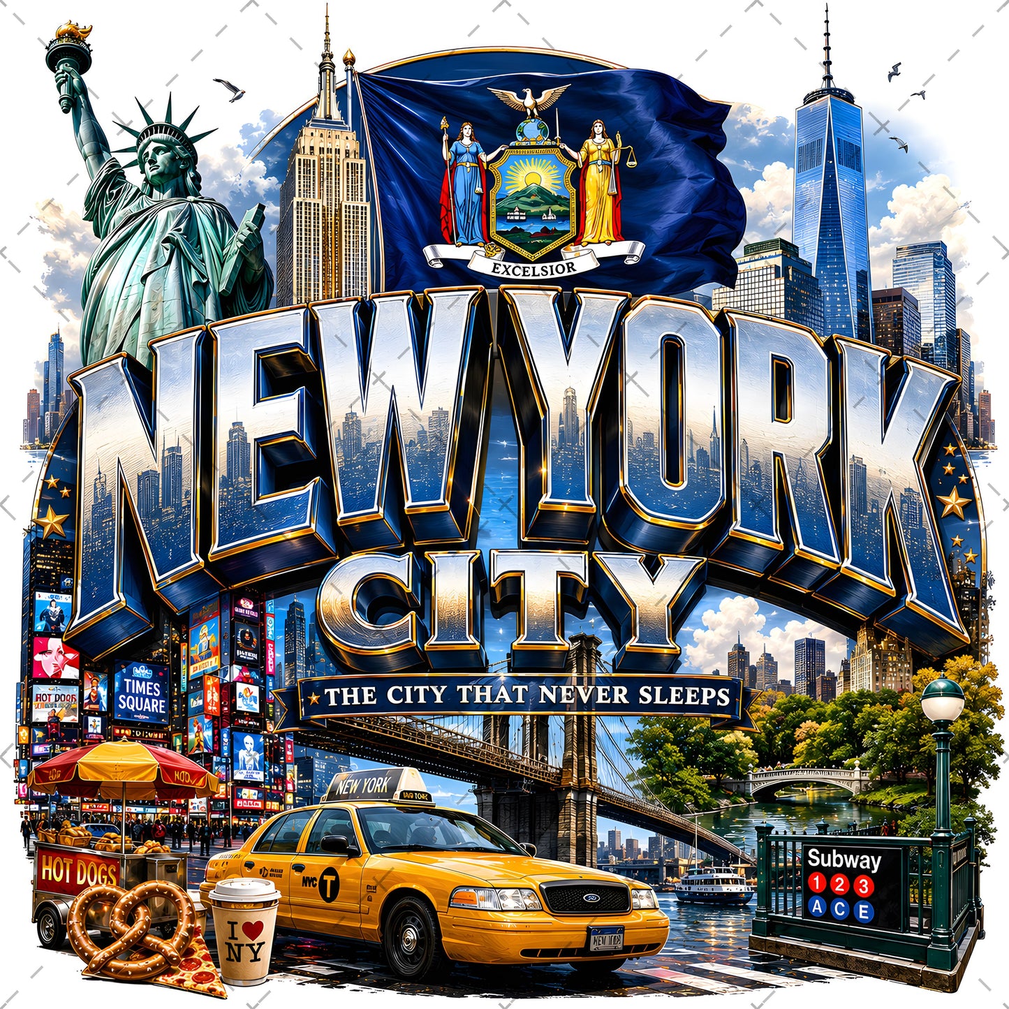Vibrant New York City Illustration Digital Download - NYC Landmark Art Print for Commercial Use, empire state buildin, brooklyn bridge art, new york taxi, PNG, digital download, high resolution
