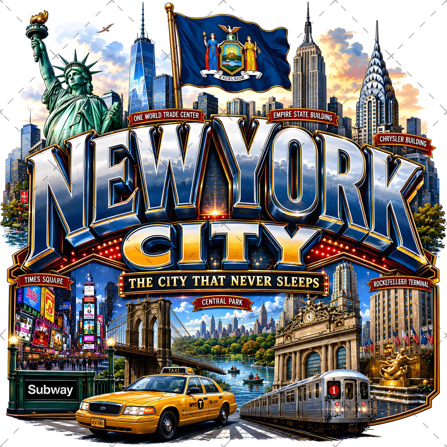 Vibrant New York City Illustration Digital Download - NYC Landmark Art Print for Commercial Use, nyc subway, new york food art, travel poster, PNG, digital download, high resolution