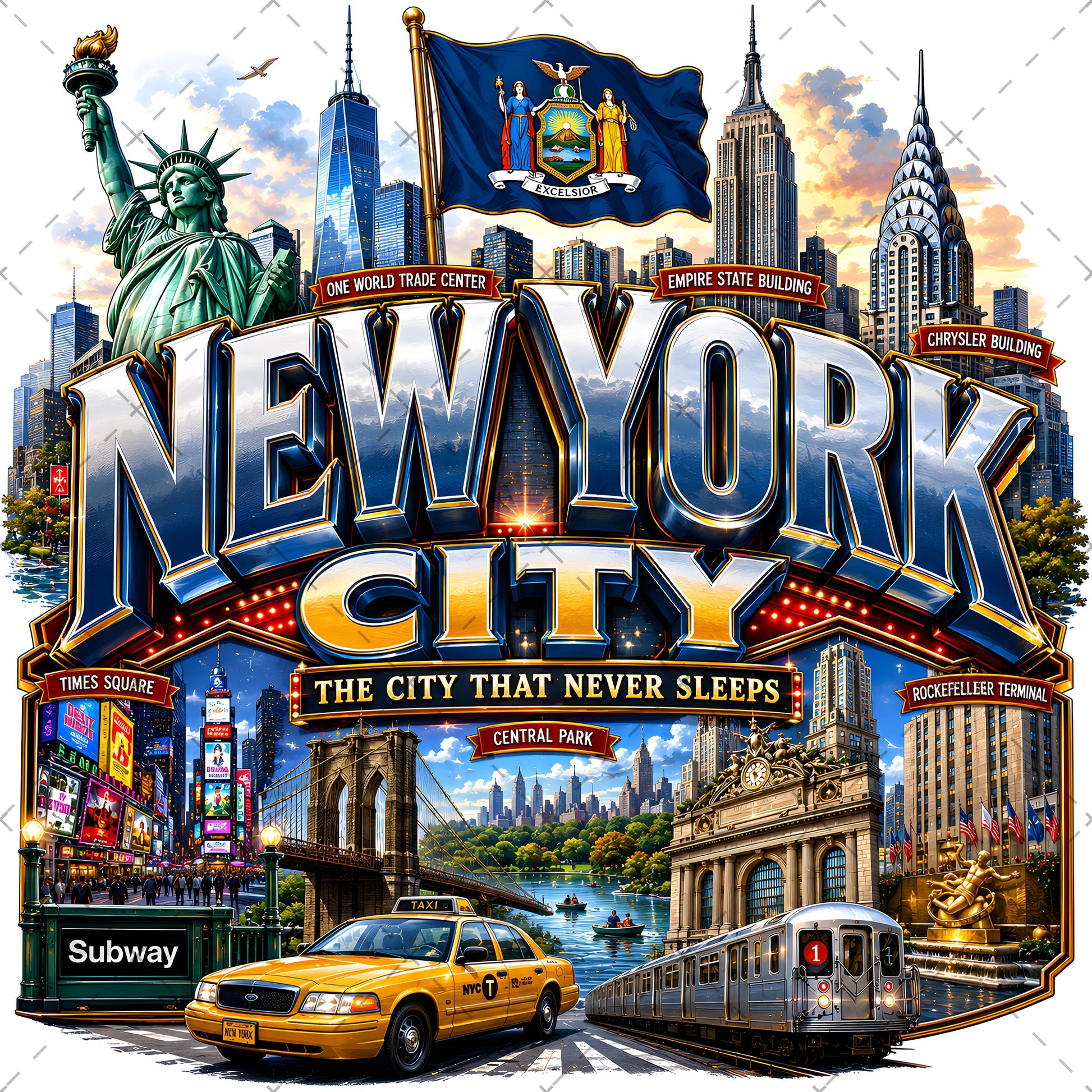 Vibrant New York City Illustration Digital Download - NYC Landmark Art Print for Commercial Use, nyc subway, new york food art, travel poster, PNG, digital download, high resolution
