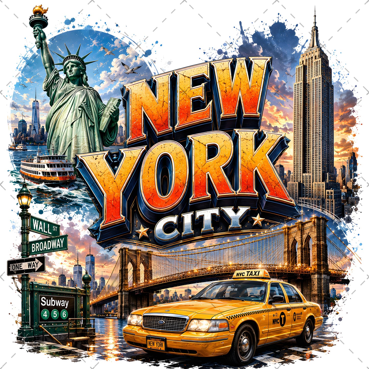 Vibrant New York City Illustration Digital Download - NYC Landmark Art Print for Commercial Use, times square art, nyc illustration, brooklyn bridge, PNG, digital download, high resolution