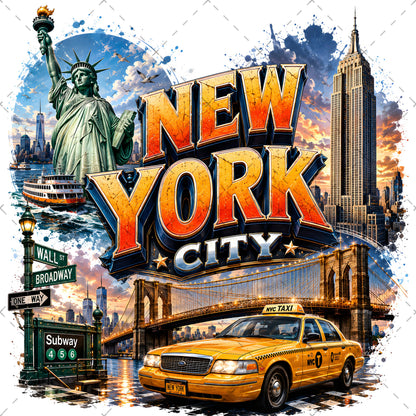 Vibrant New York City Illustration Digital Download - NYC Landmark Art Print for Commercial Use, times square art, nyc illustration, brooklyn bridge, PNG, digital download, high resolution