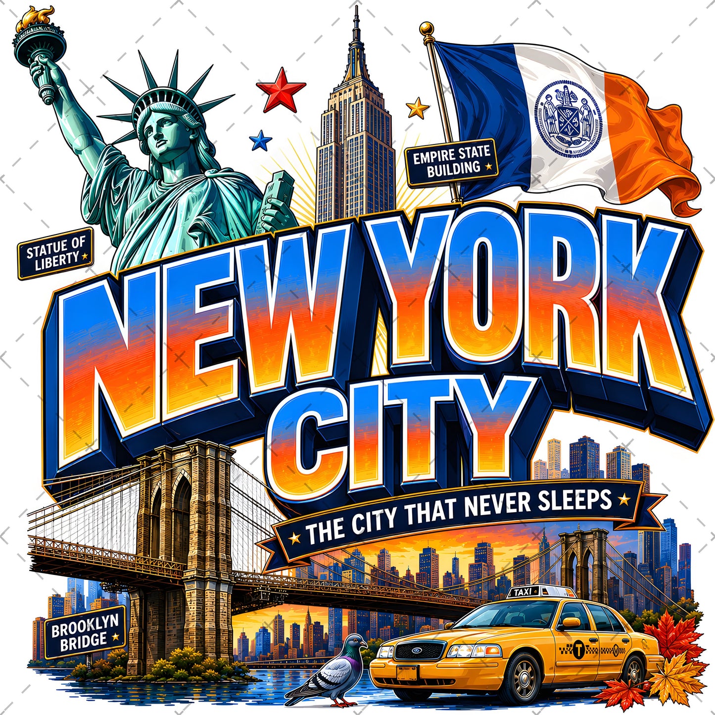 Vibrant New York City Illustration Digital Download - NYC Landmark Art Print for Commercial Use, iconic landmarks, urban culture, etsy seller art, PNG, digital download, high resolution