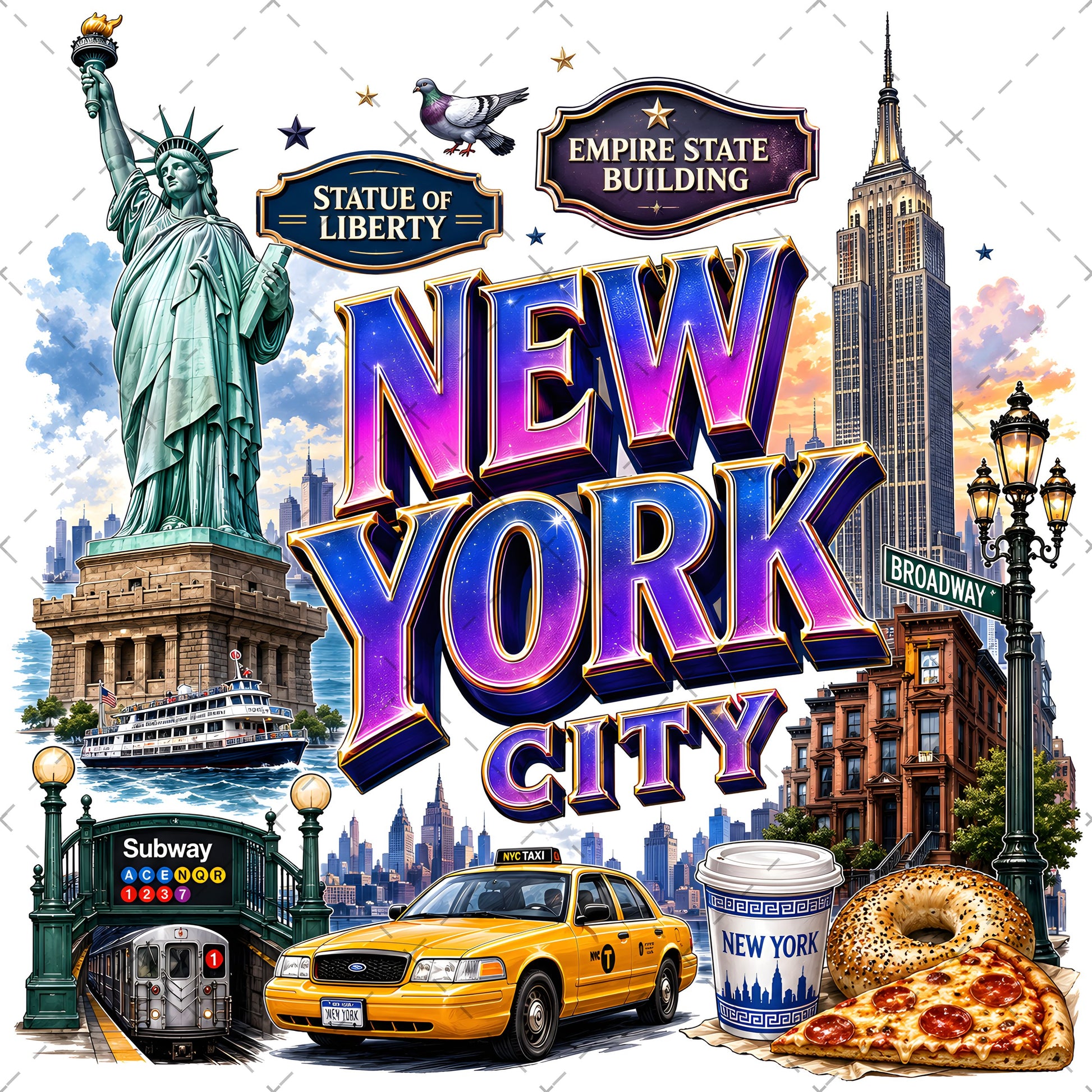 Vibrant New York City Illustration Digital Download - NYC Landmark Art Print for Commercial Use, urban culture, etsy seller art, landmark artwork, PNG, digital download, high resolution
