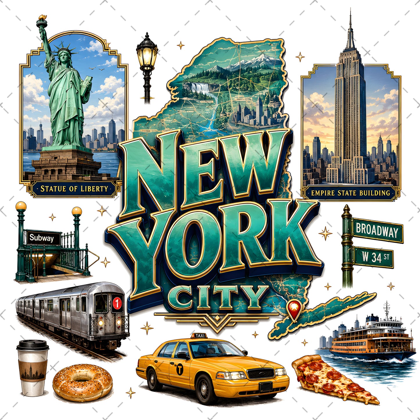 Vibrant New York City Illustration Digital Download - NYC Landmark Art Print for Commercial Use, landmark artwork, empire state buildin, brooklyn bridge art, PNG, digital download, high resolution