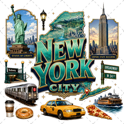 Vibrant New York City Illustration Digital Download - NYC Landmark Art Print for Commercial Use, landmark artwork, empire state buildin, brooklyn bridge art, PNG, digital download, high resolution