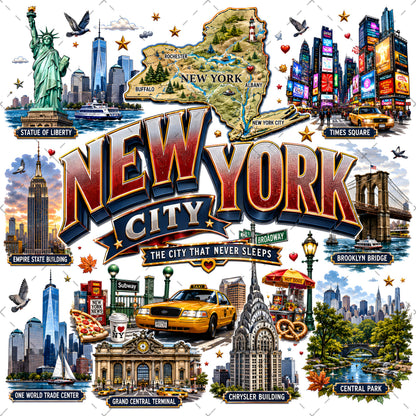 Vibrant New York City Illustration Digital Download - NYC Landmark Art Print for Commercial Use, new york taxi, nyc subway, new york food art, PNG, digital download, high resolution