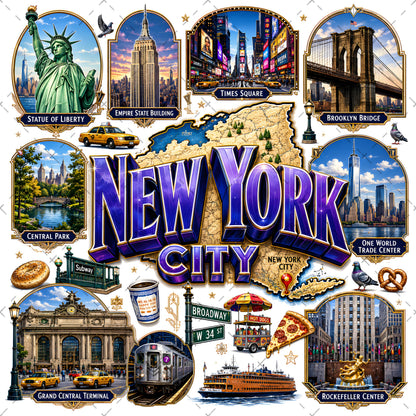Vibrant New York City Illustration Digital Download - NYC Landmark Art Print for Commercial Use, travel poster, times square art, nyc illustration, PNG, digital download, high resolution