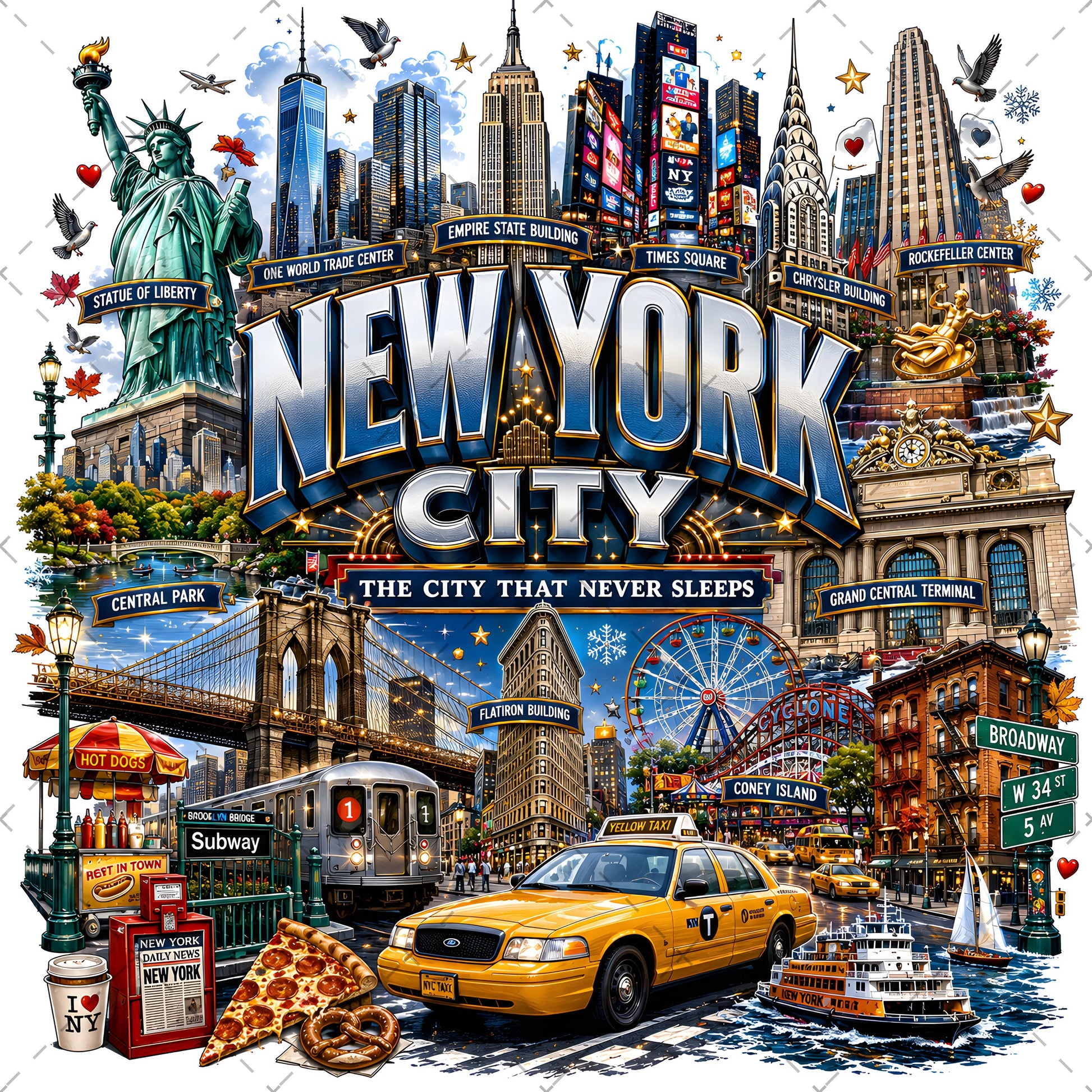 Vibrant New York City Illustration Digital Download - NYC Landmark Art Print for Commercial Use, etsy seller art, landmark artwork, empire state buildin, PNG, digital download, high resolution