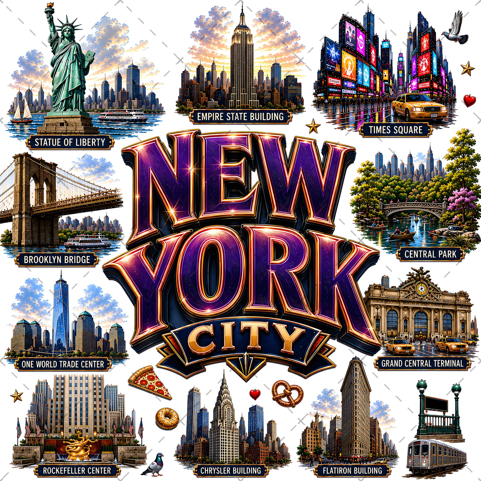 Vibrant New York City Illustration Digital Download - NYC Landmark Art Print for Commercial Use, brooklyn bridge art, new york taxi, nyc subway, PNG, digital download, high resolution