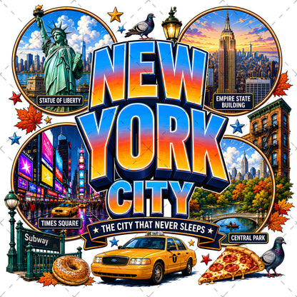 Vibrant New York City Illustration Digital Download - NYC Landmark Art Print for Commercial Use, empire state buildin, brooklyn bridge art, new york taxi, PNG, digital download, high resolution