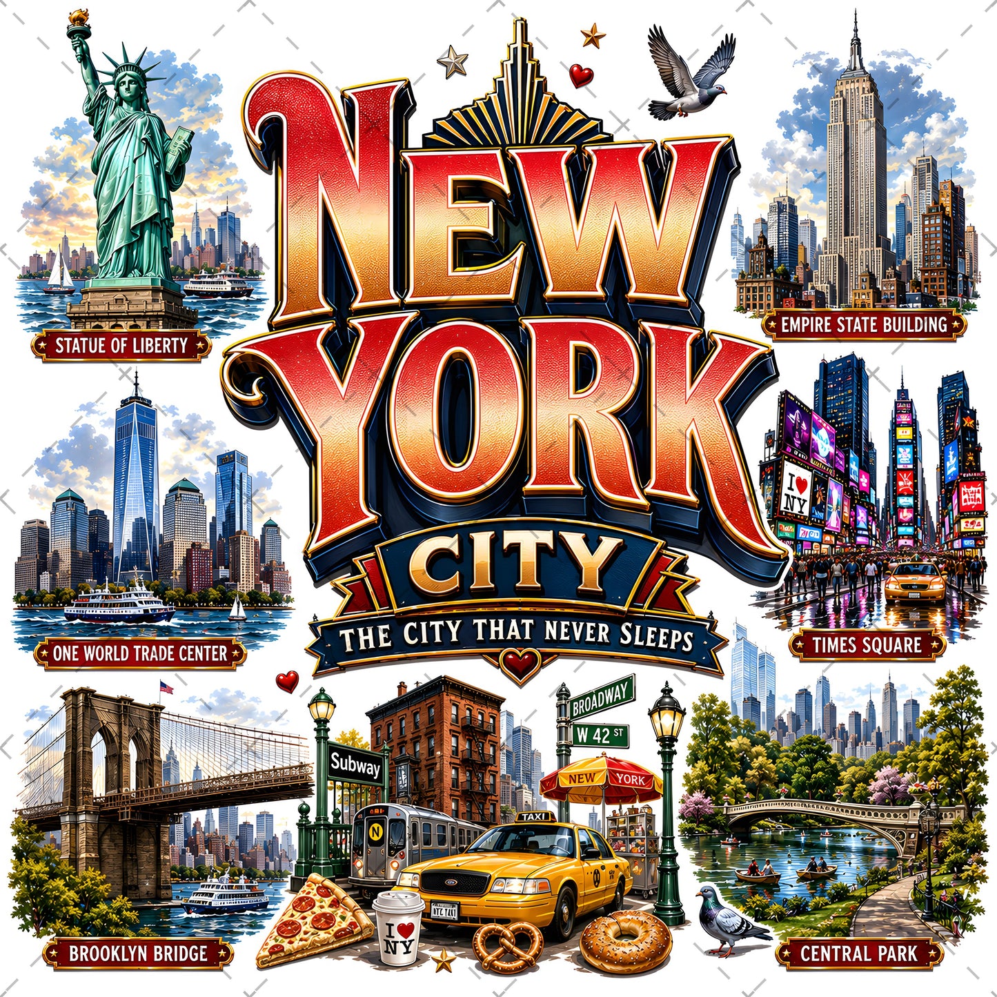 Vibrant New York City Illustration Digital Download - NYC Landmark Art Print for Commercial Use, nyc subway, new york food art, travel poster, PNG, digital download, high resolution