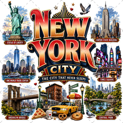 Vibrant New York City Illustration Digital Download - NYC Landmark Art Print for Commercial Use, nyc subway, new york food art, travel poster, PNG, digital download, high resolution