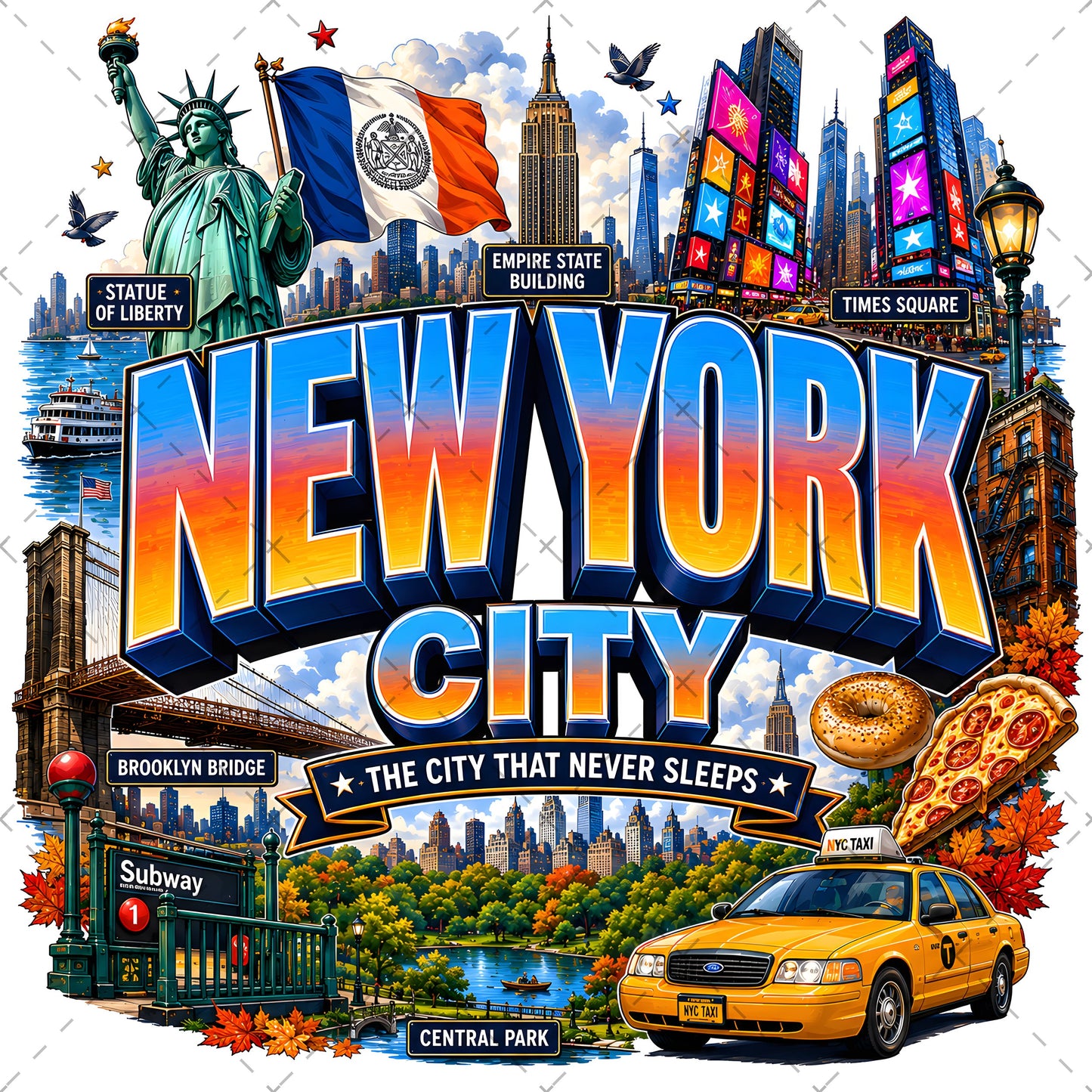 Vibrant New York City Illustration Digital Download - NYC Landmark Art Print for Commercial Use, times square art, nyc illustration, brooklyn bridge, PNG, digital download, high resolution