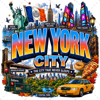 Vibrant New York City Illustration Digital Download - NYC Landmark Art Print for Commercial Use, times square art, nyc illustration, brooklyn bridge, PNG, digital download, high resolution