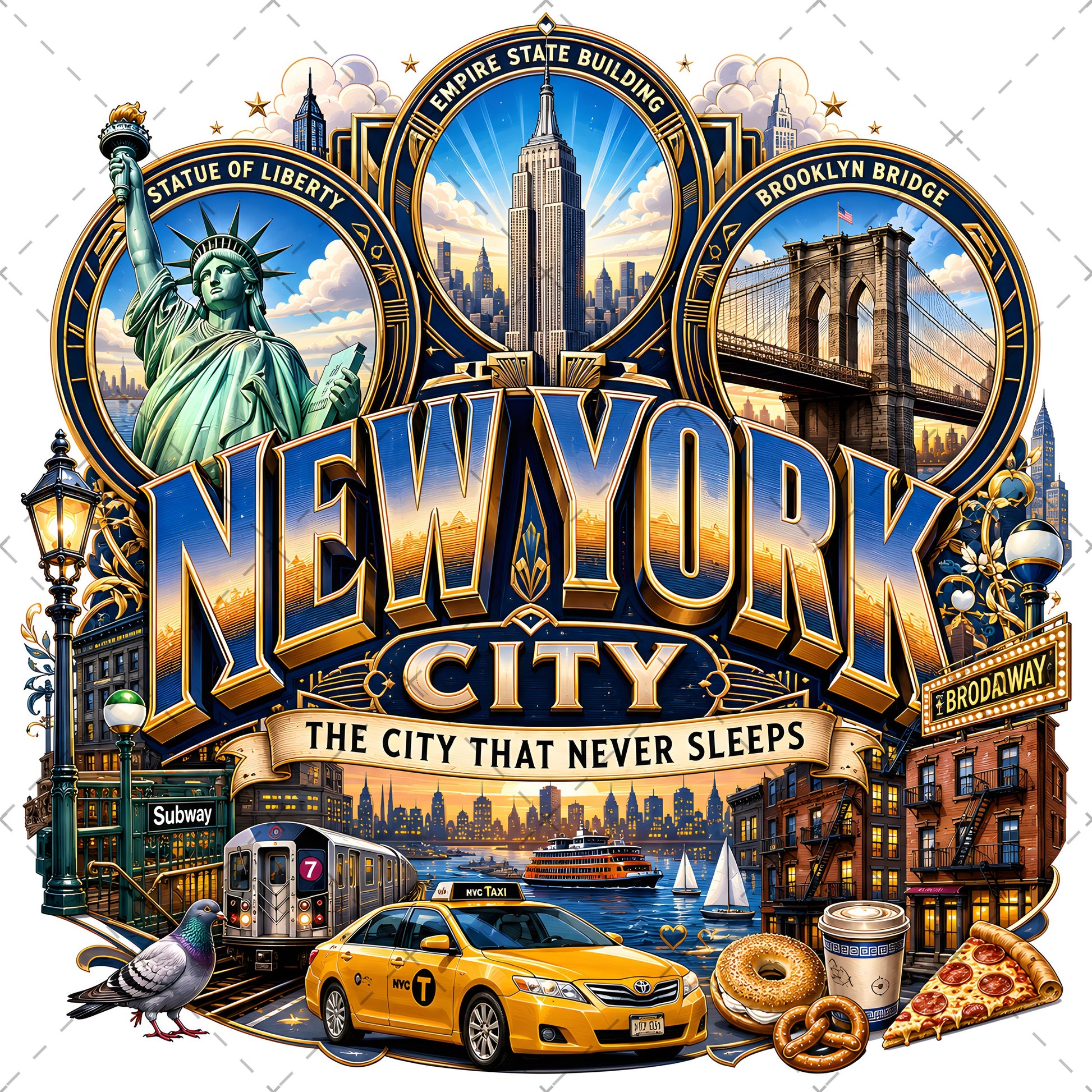 Vibrant New York City Illustration Digital Download - NYC Landmark Art Print for Commercial Use, landmark artwork, empire state buildin, brooklyn bridge art, PNG, digital download, high resolution
