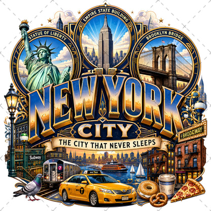 Vibrant New York City Illustration Digital Download - NYC Landmark Art Print for Commercial Use, landmark artwork, empire state buildin, brooklyn bridge art, PNG, digital download, high resolution