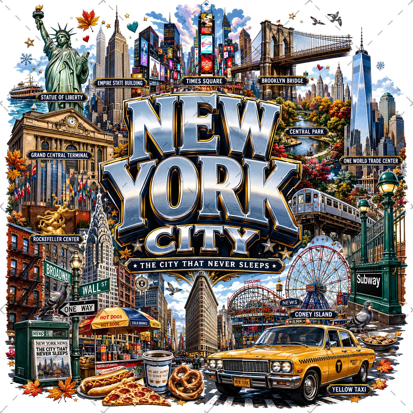 Vibrant New York City Illustration Digital Download - NYC Landmark Art Print for Commercial Use, new york taxi, nyc subway, new york food art, PNG, digital download, high resolution