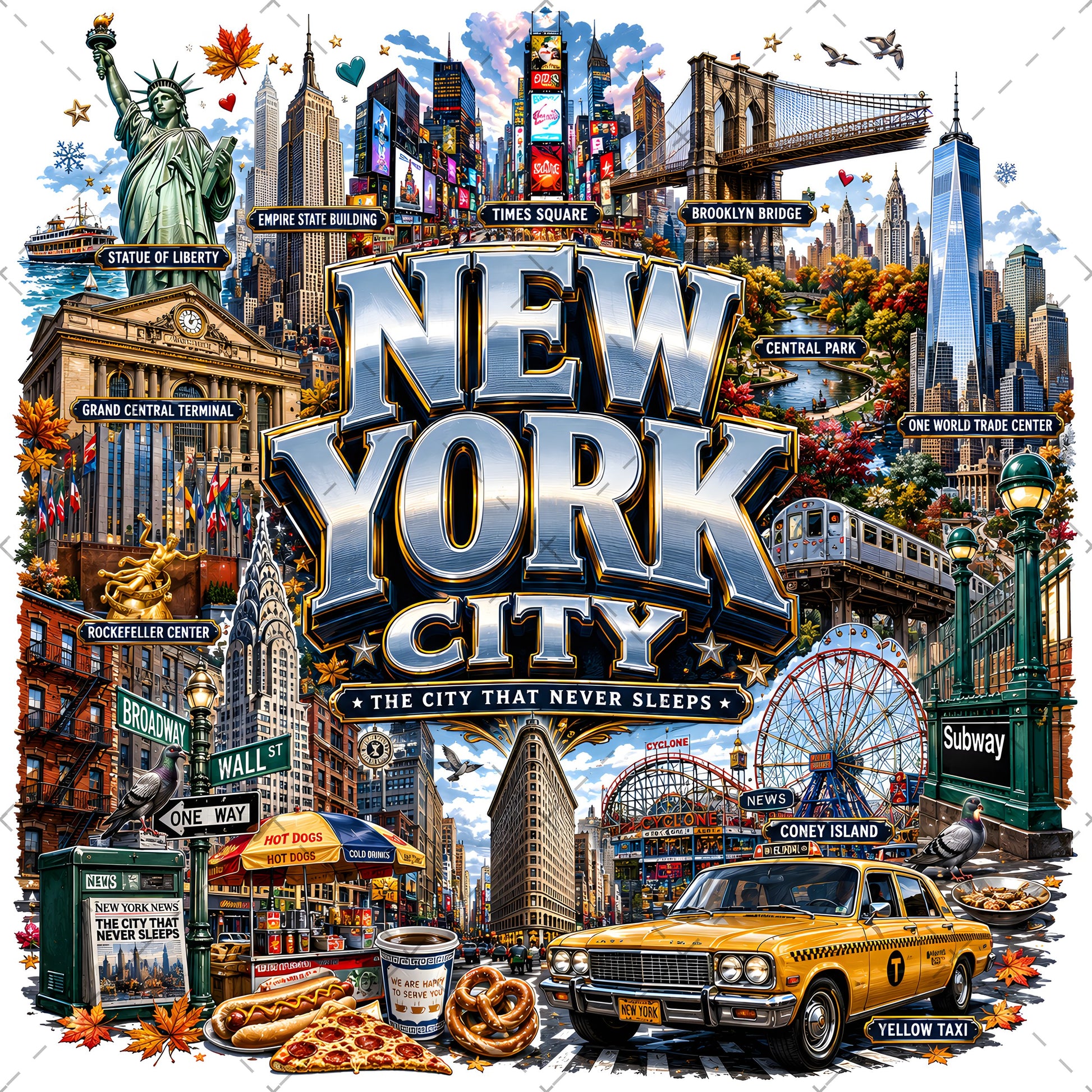 Vibrant New York City Illustration Digital Download - NYC Landmark Art Print for Commercial Use, new york taxi, nyc subway, new york food art, PNG, digital download, high resolution