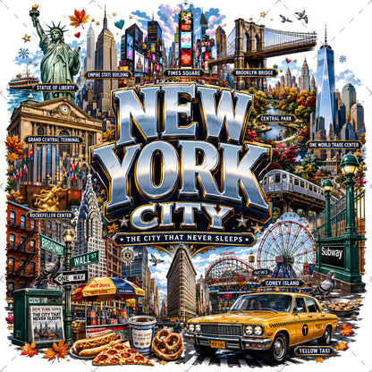 Vibrant New York City Illustration Digital Download - NYC Landmark Art Print for Commercial Use, new york taxi, nyc subway, new york food art, PNG, digital download, high resolution