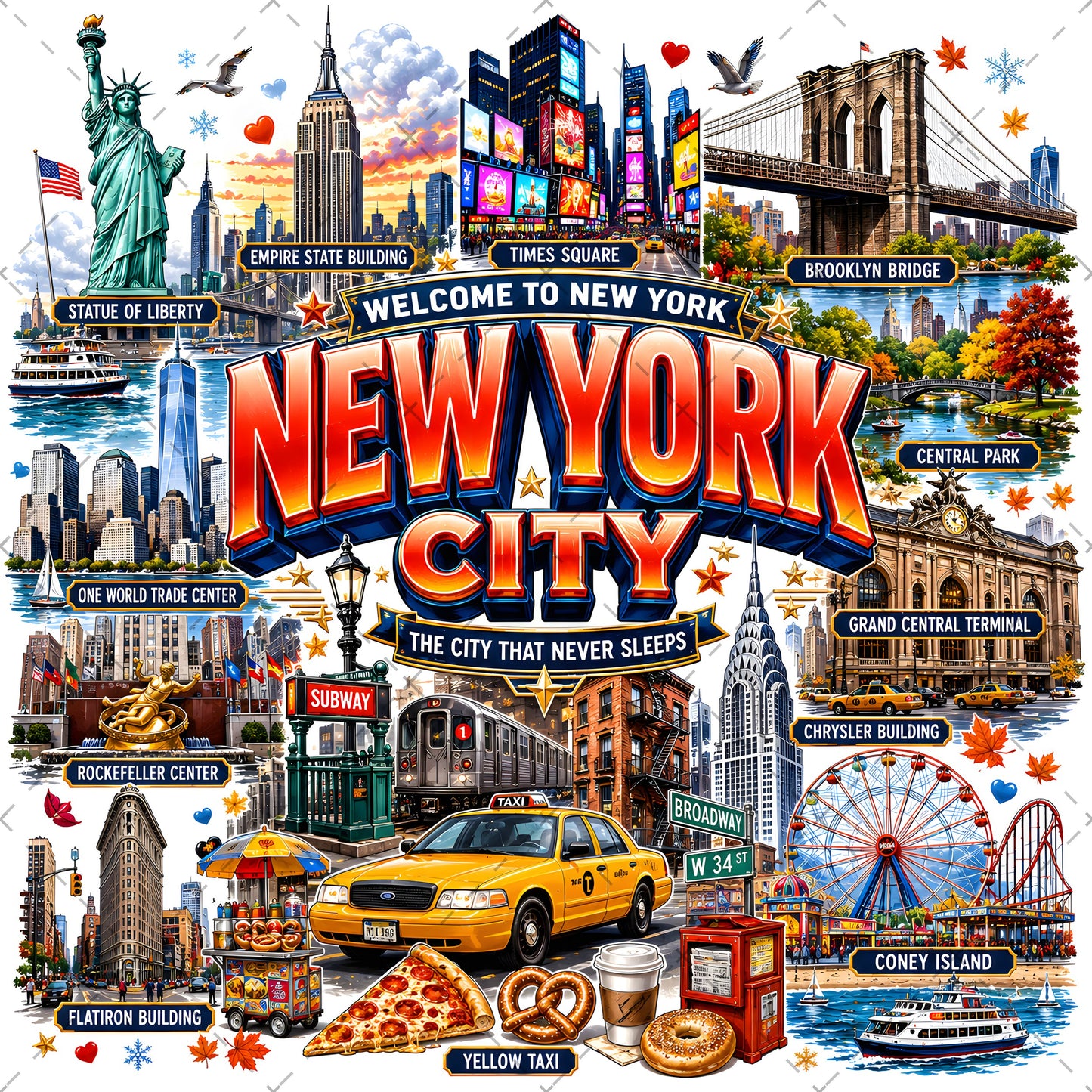 Vibrant New York City Illustration Digital Download - NYC Landmark Art Print for Commercial Use, travel poster, times square art, nyc illustration, PNG, digital download, high resolution