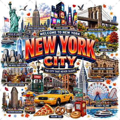 Vibrant New York City Illustration Digital Download - NYC Landmark Art Print for Commercial Use, travel poster, times square art, nyc illustration, PNG, digital download, high resolution