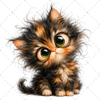 Whimsical Big-Eyed Kitten PNG, Fluffy Cat Sublimation Design, Cute Kitten Clipart for Cat Lovers, POD Tshirt Mug Tumbler