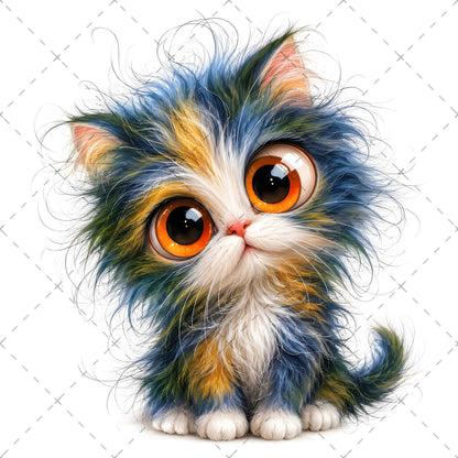 Whimsical Big-Eyed Kitten PNG, Fluffy Cat Sublimation Design, Cute Kitten Clipart for Cat Lovers, POD Tshirt Mug Tumbler