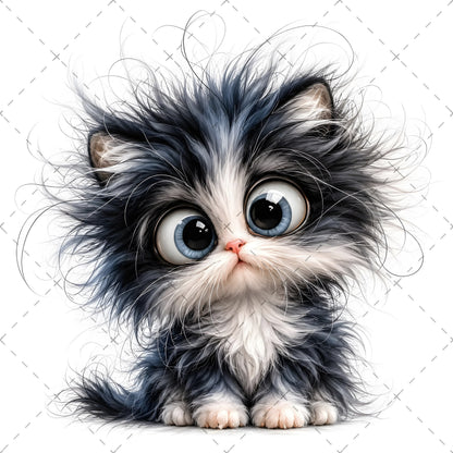 Whimsical Big-Eyed Kitten PNG, Fluffy Cat Sublimation Design, Cute Kitten Clipart for Cat Lovers, POD Tshirt Mug Tumbler