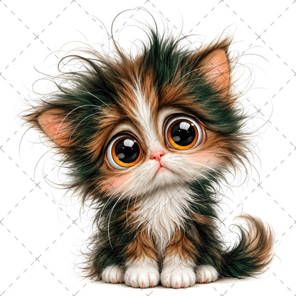 Whimsical Big-Eyed Kitten PNG, Fluffy Cat Sublimation Design, Cute Kitten Clipart for Cat Lovers, POD Tshirt Mug Tumbler