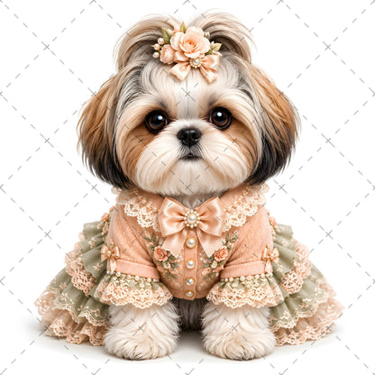 Puppy in Dress PNG Clipart | Adorable Nursery Decor & Pet Lover Gift | Cute Dog Sublimation Design for T-Shirts, shabby chic dog, pet portrait digital, dog in clothes art, PNG, digital download, high resolution