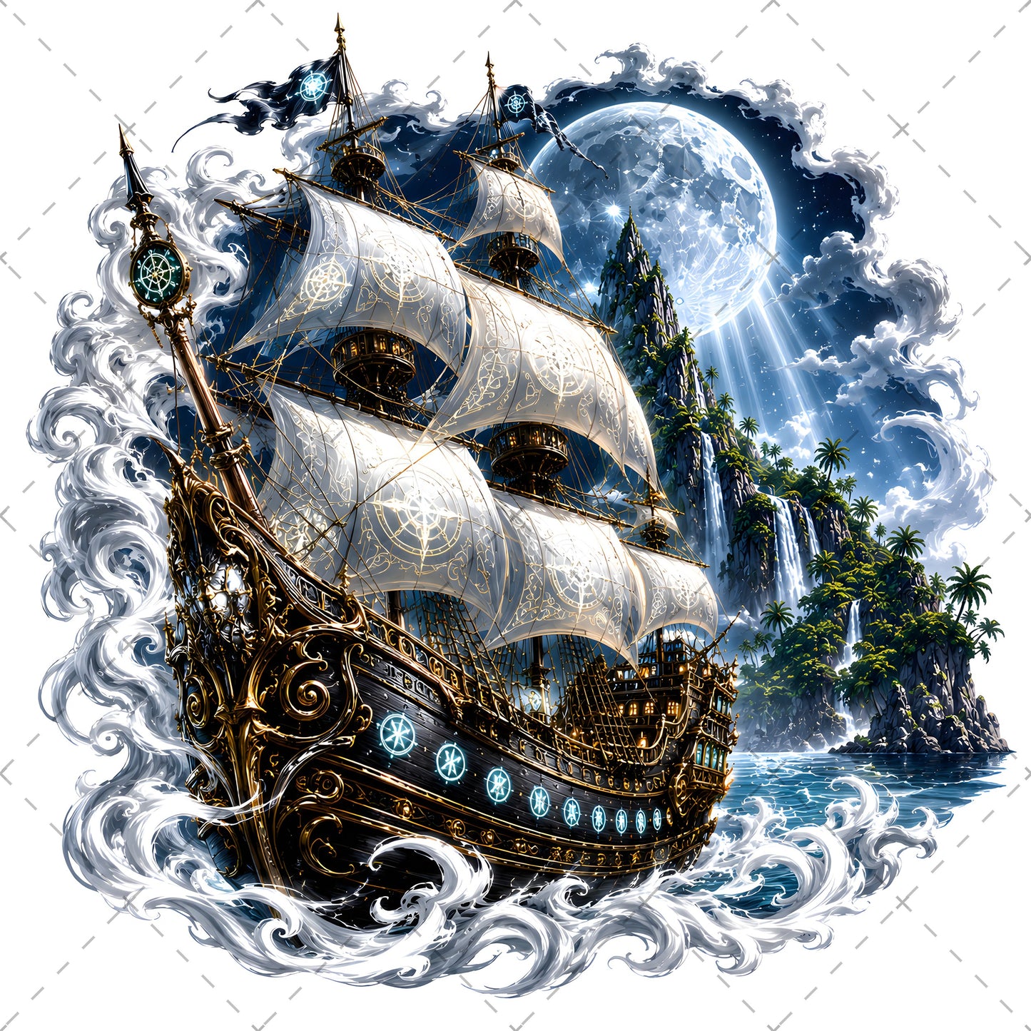 Pirate Ship PNG Fantasy Galleon Sublimation Design Glowing Moon Nautical Clipart Commercial Use, tropical island fant, ocean fantasy print, digital download pir, PNG, digital download, high resolution