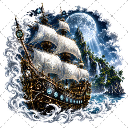 Pirate Ship PNG Fantasy Galleon Sublimation Design Glowing Moon Nautical Clipart Commercial Use, tropical island fant, ocean fantasy print, digital download pir, PNG, digital download, high resolution