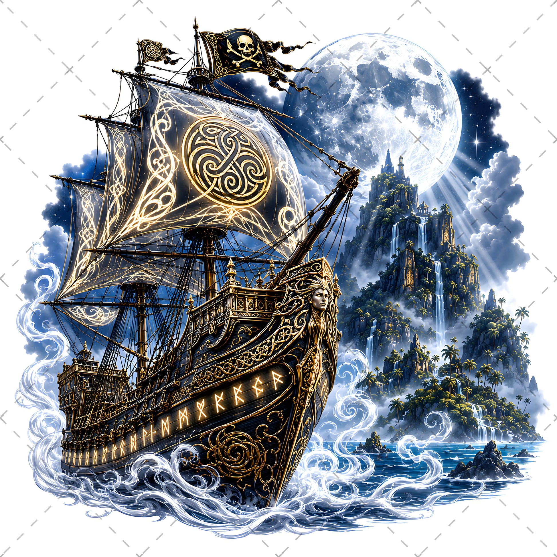 Pirate Ship PNG Fantasy Galleon Sublimation Design Glowing Moon Nautical Clipart Commercial Use, waterfall island art, spanish galleon art, magical pirate, PNG, digital download, high resolution