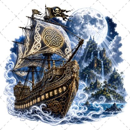 Pirate Ship PNG Fantasy Galleon Sublimation Design Glowing Moon Nautical Clipart Commercial Use, waterfall island art, spanish galleon art, magical pirate, PNG, digital download, high resolution