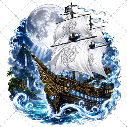 Pirate Ship PNG Fantasy Galleon Sublimation Design Glowing Moon Nautical Clipart Commercial Use, pirate ship png, dreamy seascape, glowing moon art, PNG, digital download, high resolution