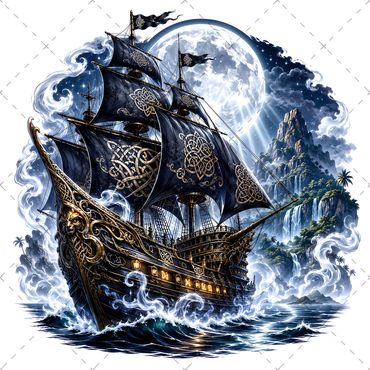 Pirate Ship PNG Fantasy Galleon Sublimation Design Glowing Moon Nautical Clipart Commercial Use, moonlit ocean, ship sublimation, high res png, PNG, digital download, high resolution