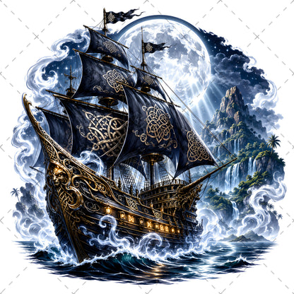 Pirate Ship PNG Fantasy Galleon Sublimation Design Glowing Moon Nautical Clipart Commercial Use, moonlit ocean, ship sublimation, high res png, PNG, digital download, high resolution