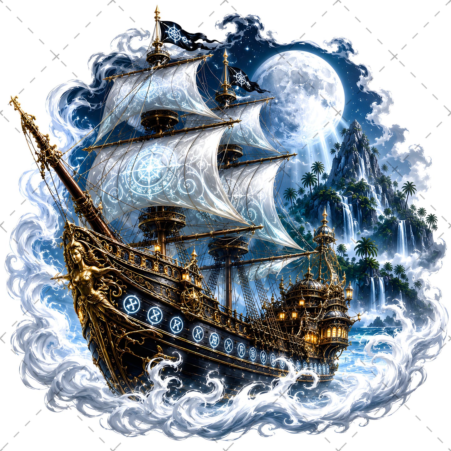 Pirate Ship PNG Fantasy Galleon Sublimation Design Glowing Moon Nautical Clipart Commercial Use, nautical wall art, tropical island fant, ocean fantasy print, PNG, digital download, high resolution