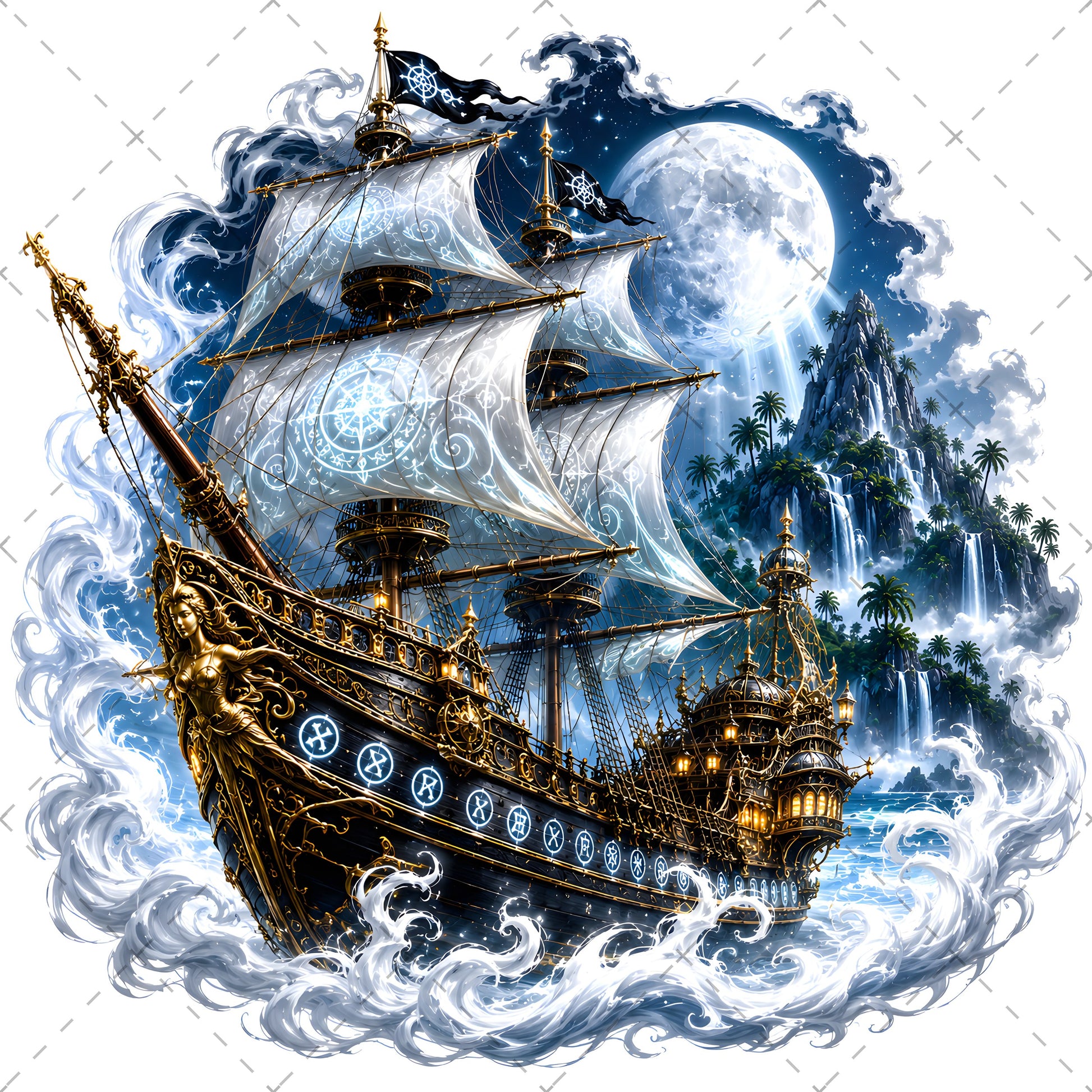 Pirate Ship PNG Fantasy Galleon Sublimation Design Glowing Moon Nautical Clipart Commercial Use, nautical wall art, tropical island fant, ocean fantasy print, PNG, digital download, high resolution