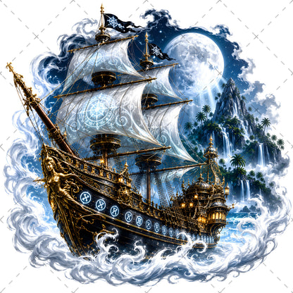 Pirate Ship PNG Fantasy Galleon Sublimation Design Glowing Moon Nautical Clipart Commercial Use, nautical wall art, tropical island fant, ocean fantasy print, PNG, digital download, high resolution