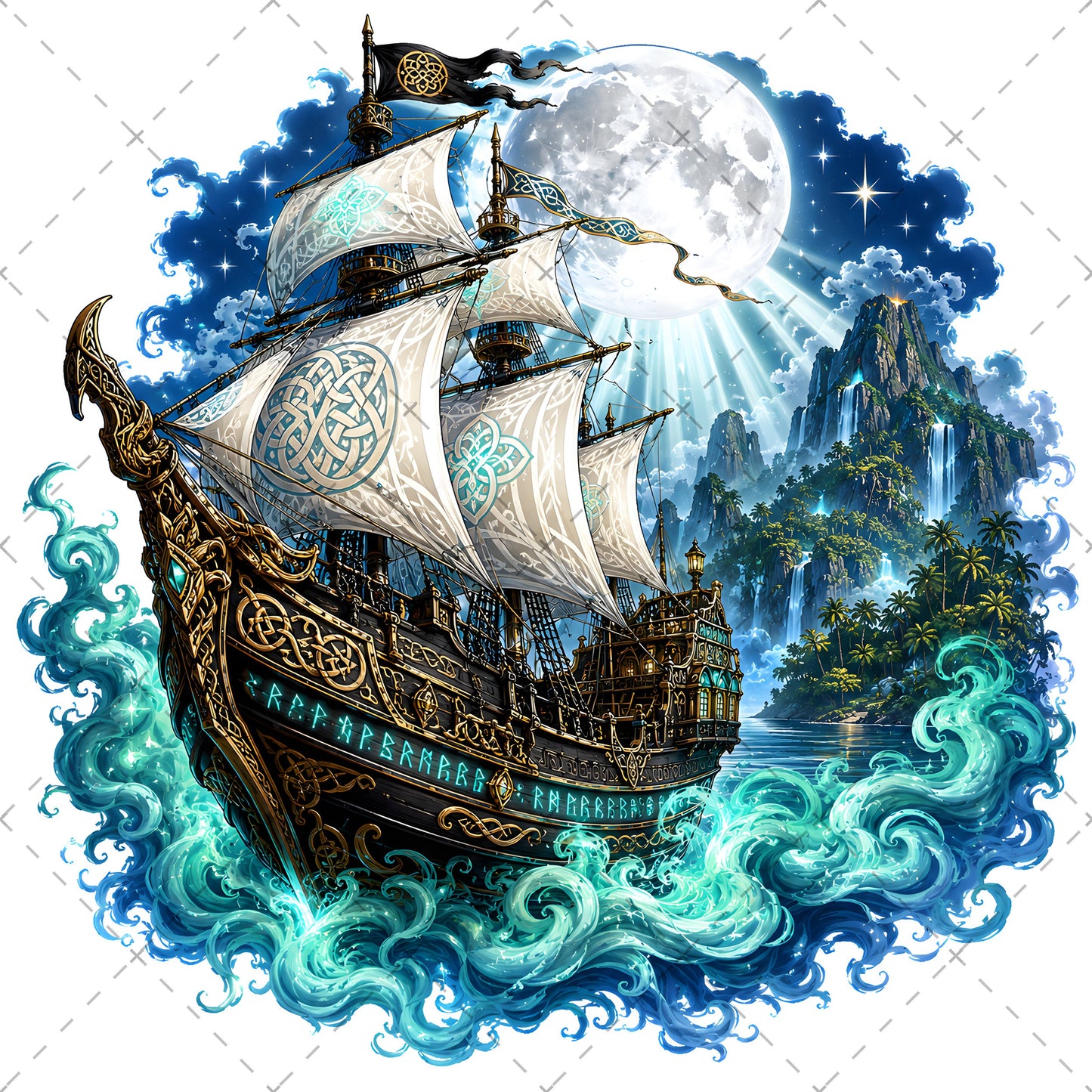 Pirate Ship PNG Fantasy Galleon Sublimation Design Glowing Moon Nautical Clipart Commercial Use, digital download pir, waterfall island art, spanish galleon art, PNG, digital download, high resolution